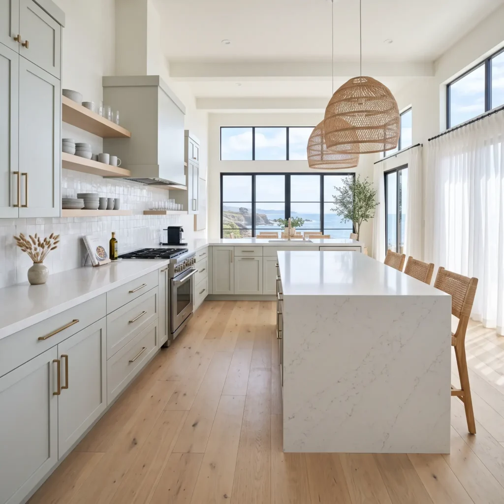 Bright coastal kitchen with Benjamin Moore October Mist sage green cabinets, white engineered quartz counters, and brass hardware.