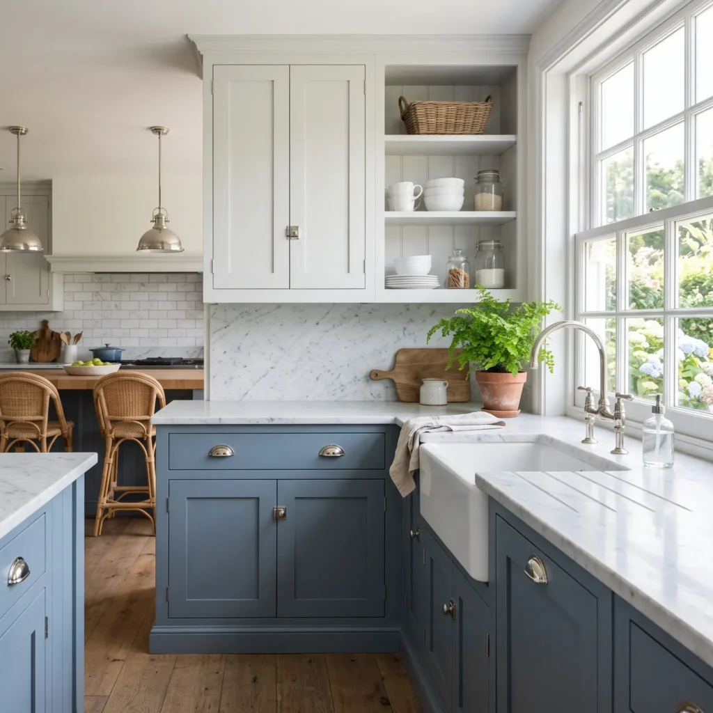 Traditional coastal kitchen showing chalk white upper cabinets, slate blue base cabinets, and polished nickel hardware.