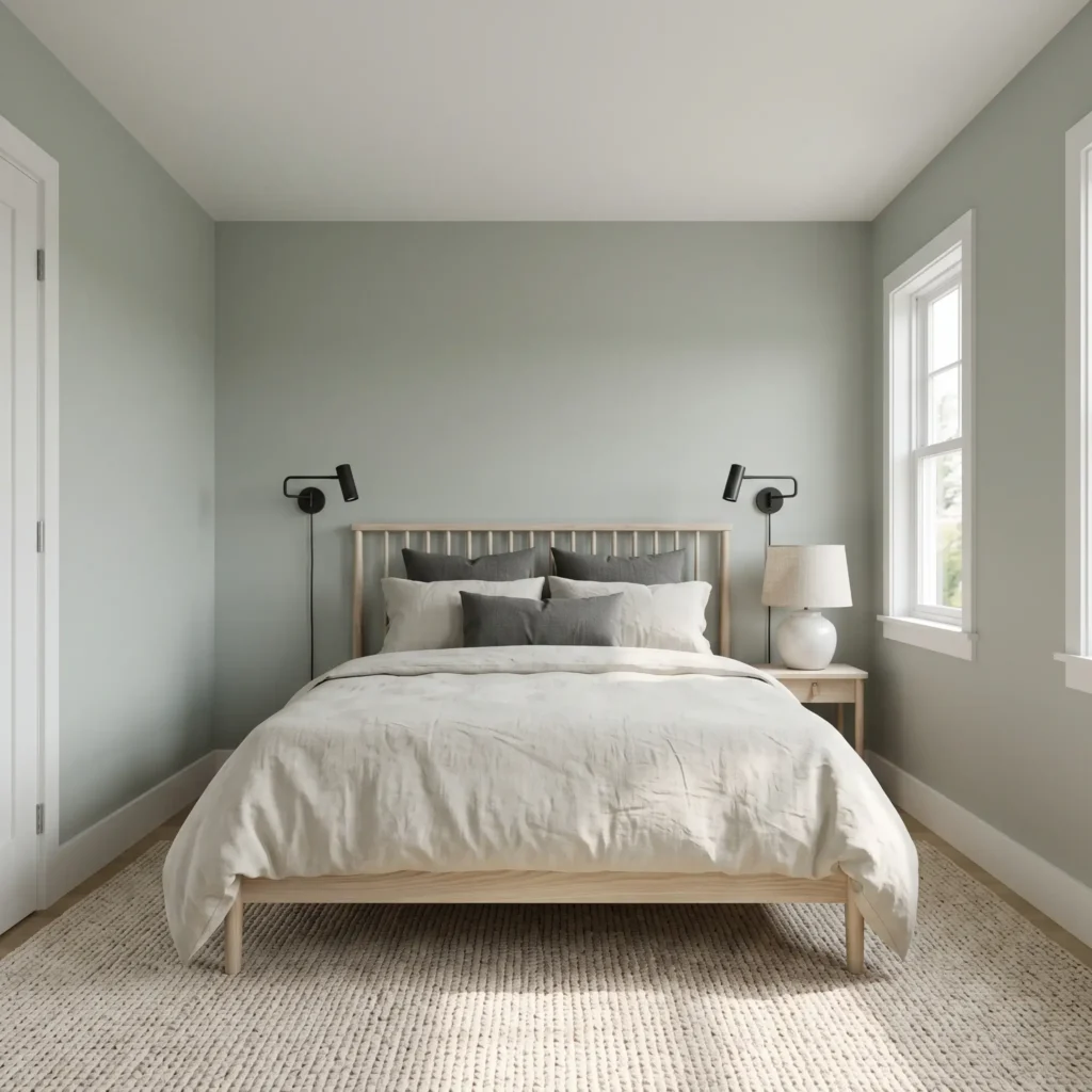 Compact bedroom featuring Sherwin-Williams Sea Salt walls, white trim, and bleached wood bed frame.