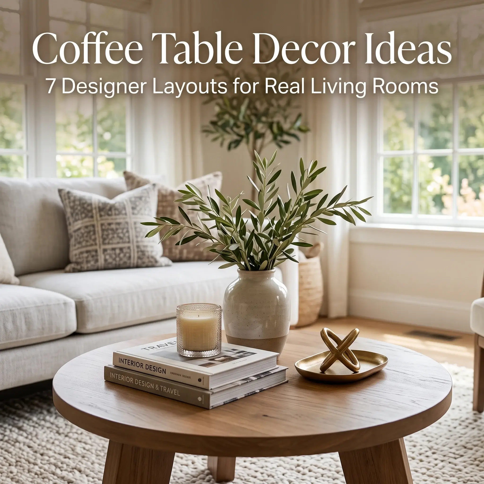 Curated round wood coffee table displaying an unglazed ceramic vase, stacked art books, and a travertine dish in a bright modern living room.