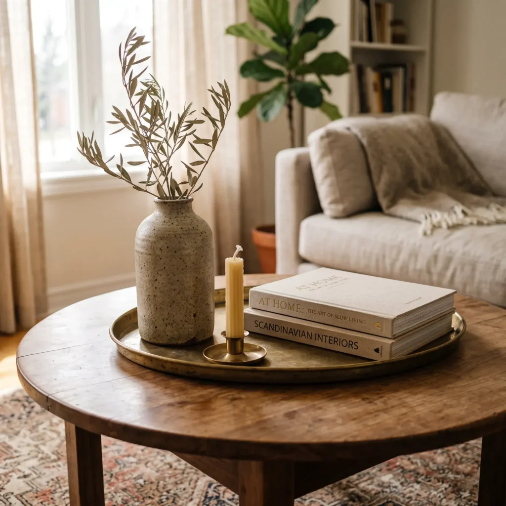 Round walnut coffee table styled with a brass tray holding a ceramic vase and ribbed candle.