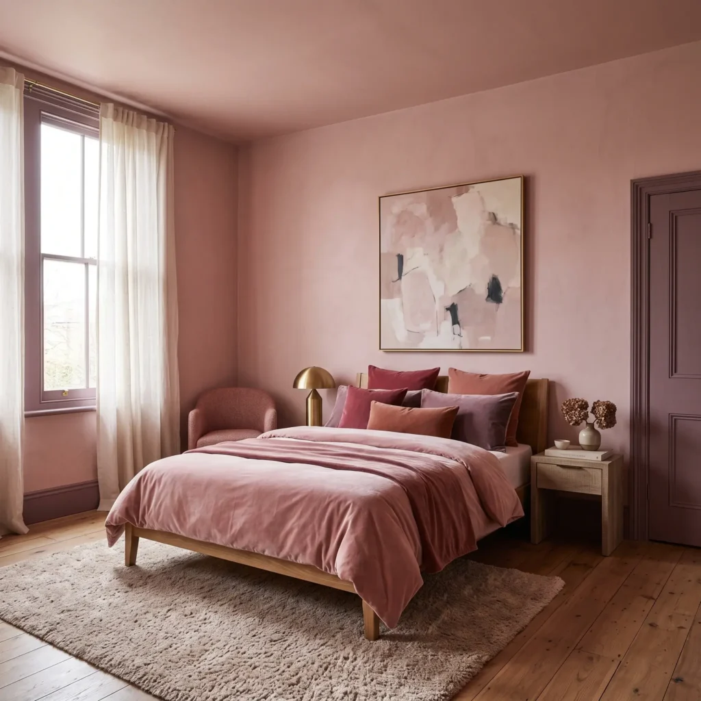Color drenched bedroom with dusty pink walls, ceiling, and darker mauve painted wood baseboards.