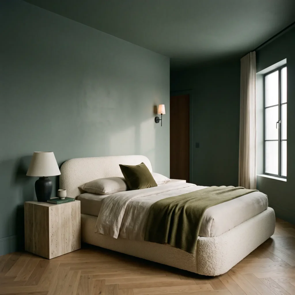 Color drenched bedroom with Sherwin-Williams Evergreen Fog on walls, trim, and ceiling featuring a bouclé headboard