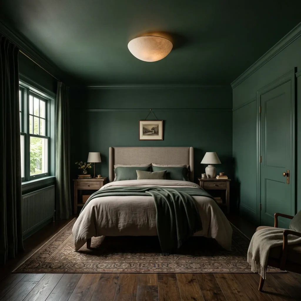 Color drenched bedroom with dark olive walls, matching trim, and painted ceiling in Benjamin Moore Vintage Vogue.