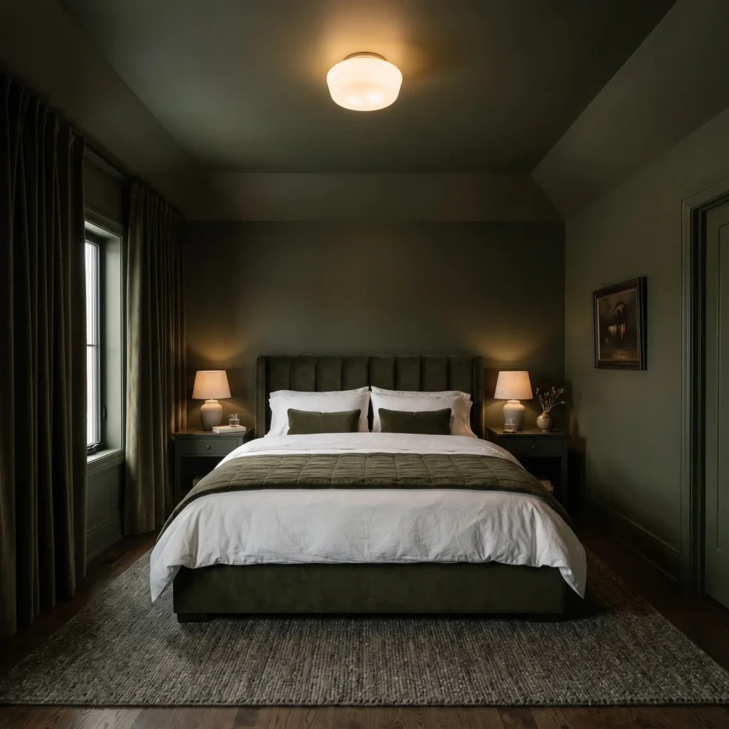 Color-drenched bedroom with matching olive green painted walls, ceiling, baseboards, and plush velvet headboard.