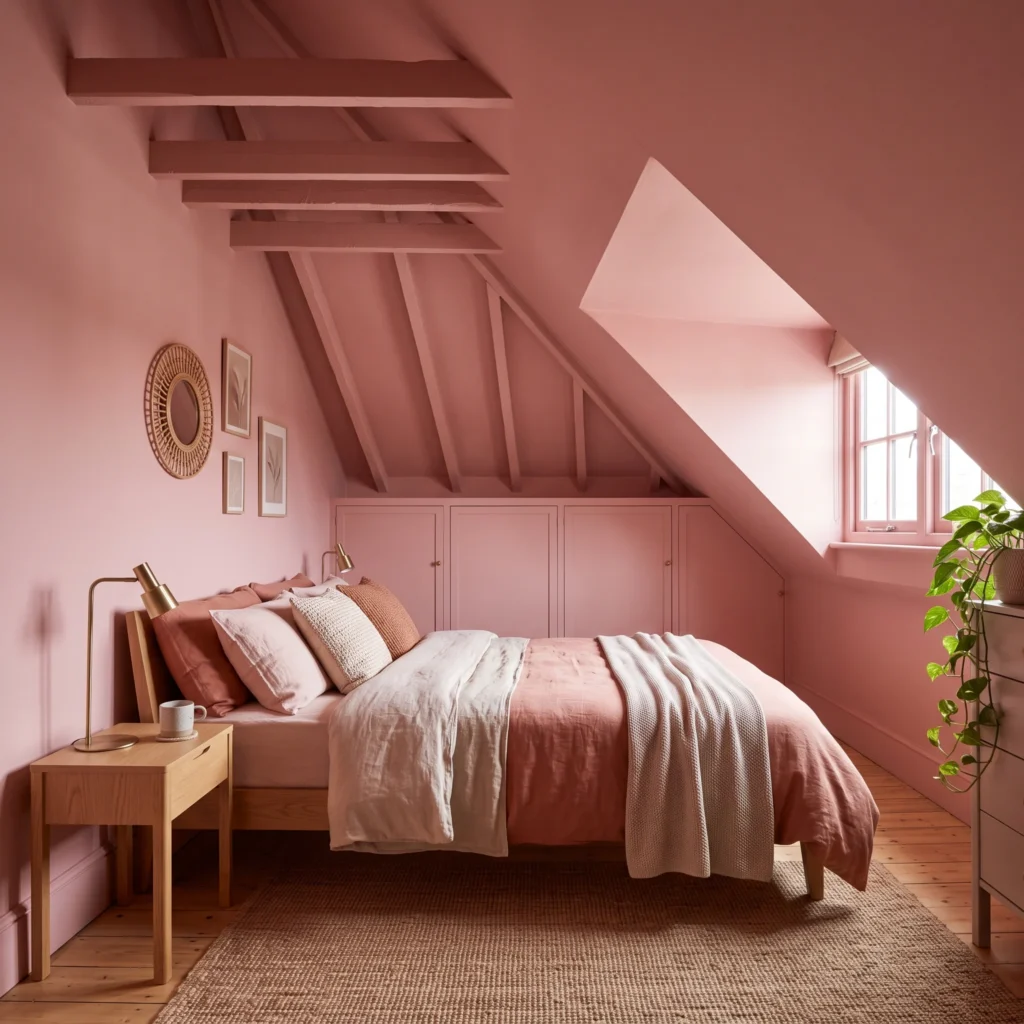 Color-drenched attic bedroom with matching blush paint on the walls, sloped ceiling, and window frames.