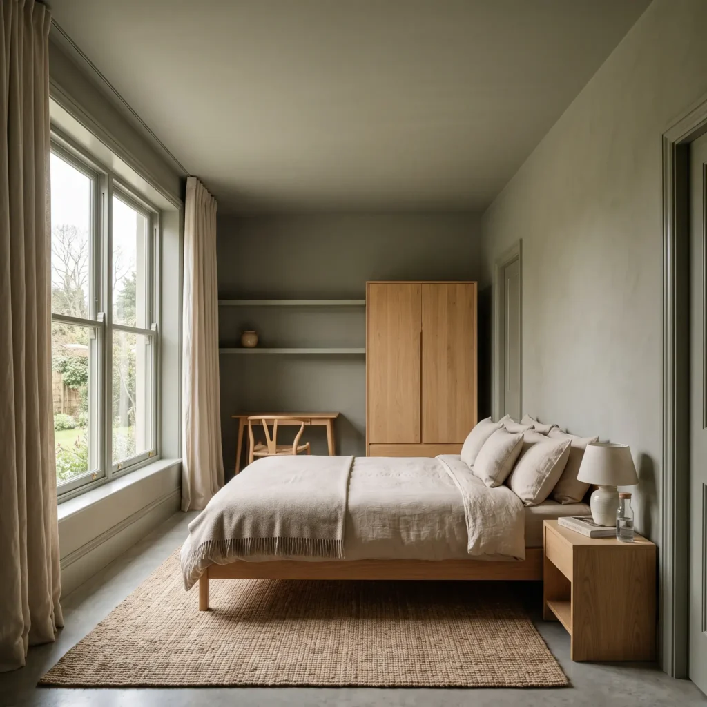 Color drenched sage bedroom with matte walls and subtle sheen variation on window trim and ceiling.