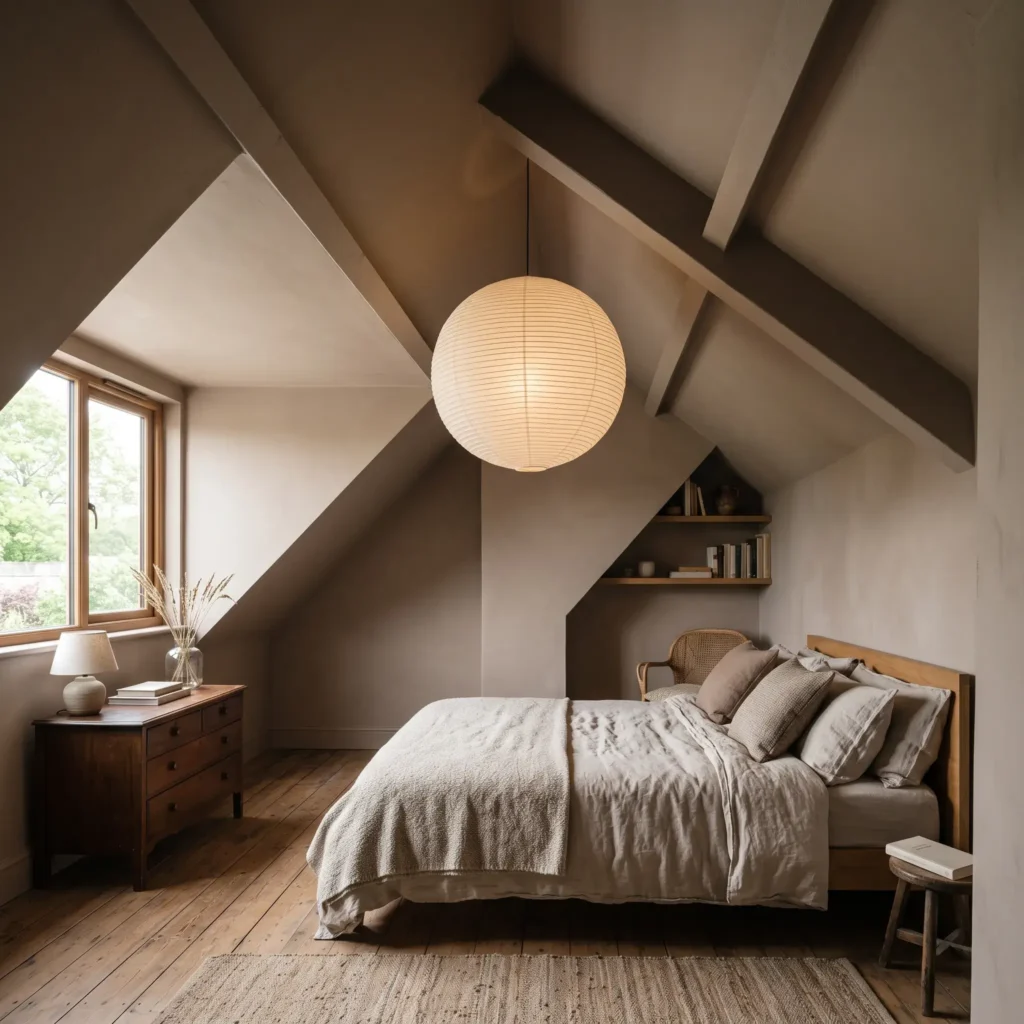 Modern bedroom with sloped ceilings and bulkheads painted entirely in a single muted taupe matte tone.