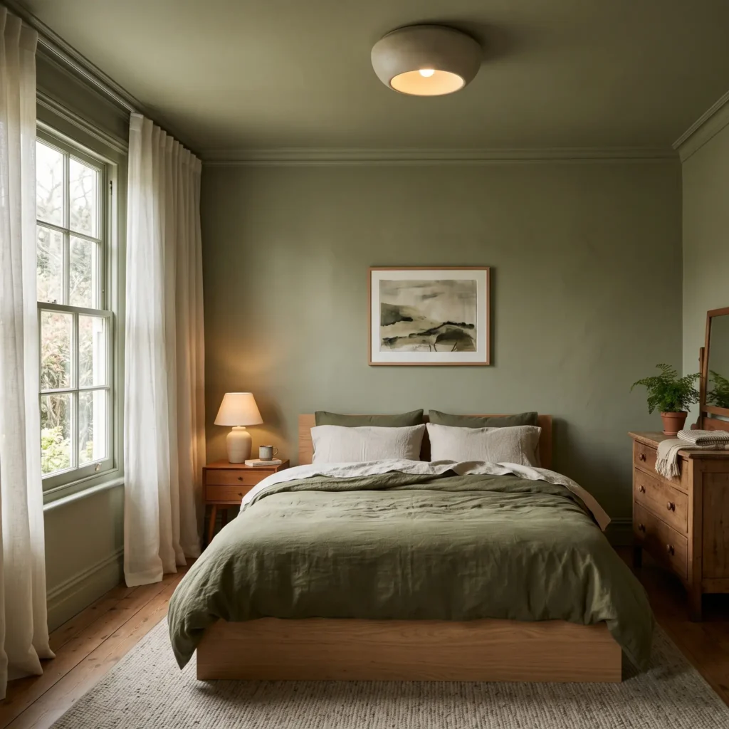 Small bedroom walls ceiling and trim painted in uniform monochrome muted sage green.
