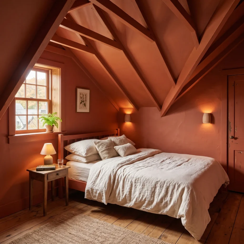 Small bedroom fully color-drenched in terracotta paint across walls, ceiling, and baseboards with built-in reading sconces.