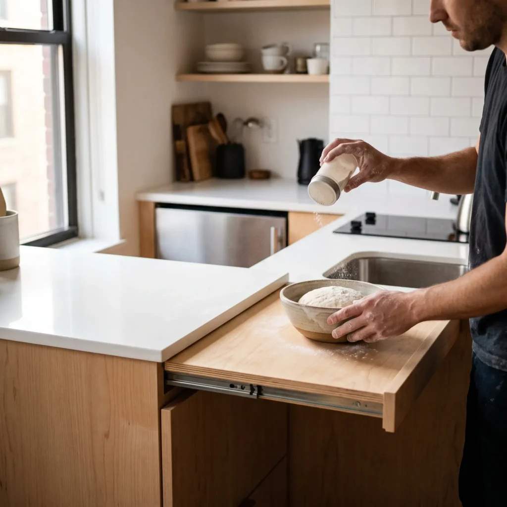 Retractable kitchen counter extension pulled out flush from a base cabinet drawer to provide extra baking prep space.
