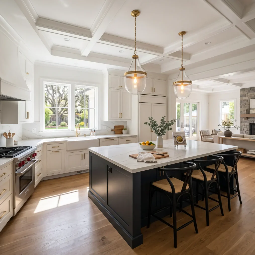 Open kitchen layout with white perimeter cabinets and a large blue-black kitchen island topped with quartzite.