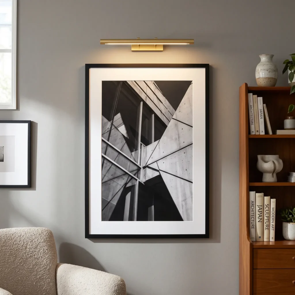 Slim brass cordless picture light mounted above a framed black and white landscape print