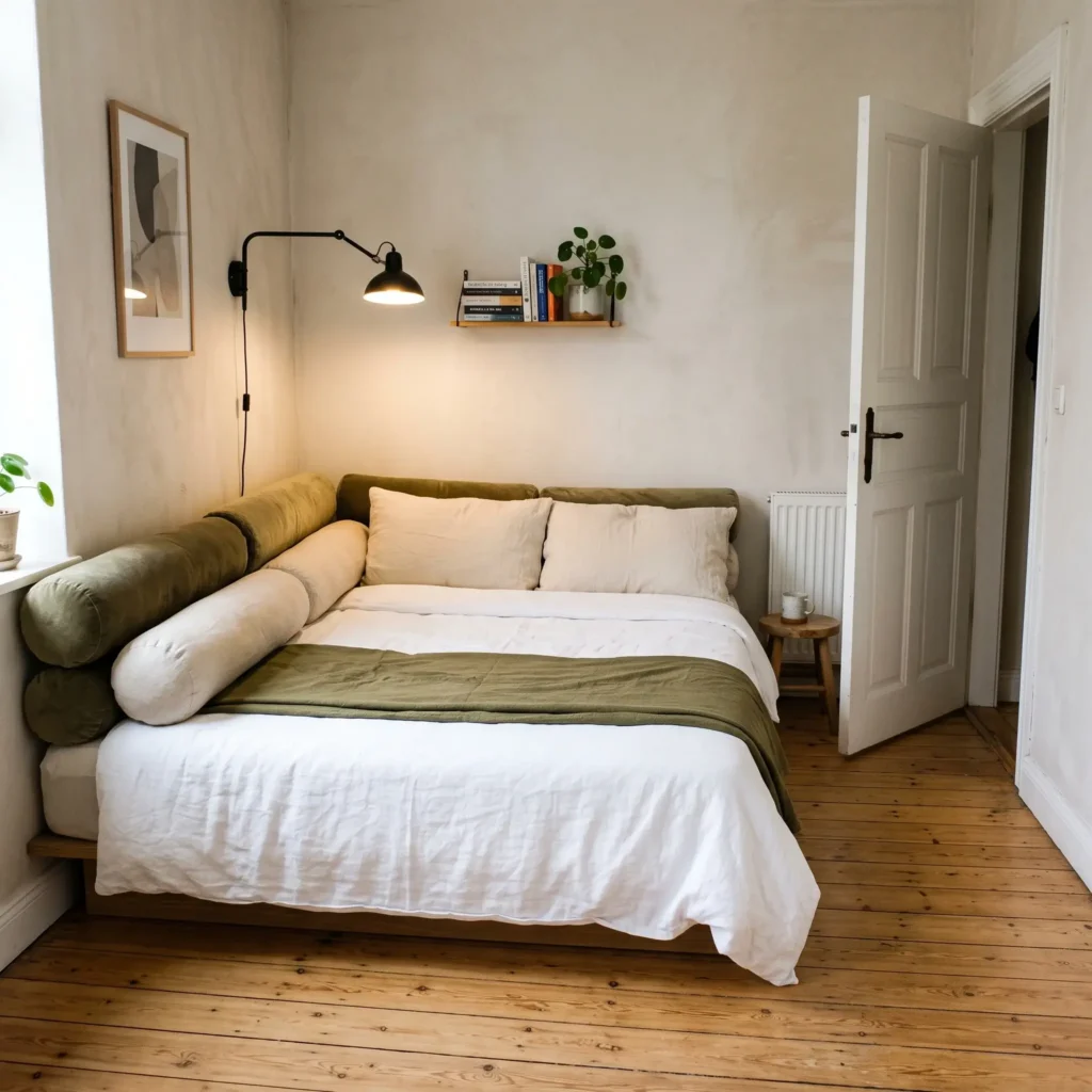 Full bed arranged into a room corner and styled as a daybed to open up bedroom floor space.