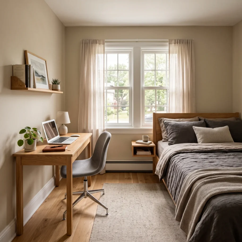 Corner-offset bed layout freeing up floor space for a compact home office desk in a small room.