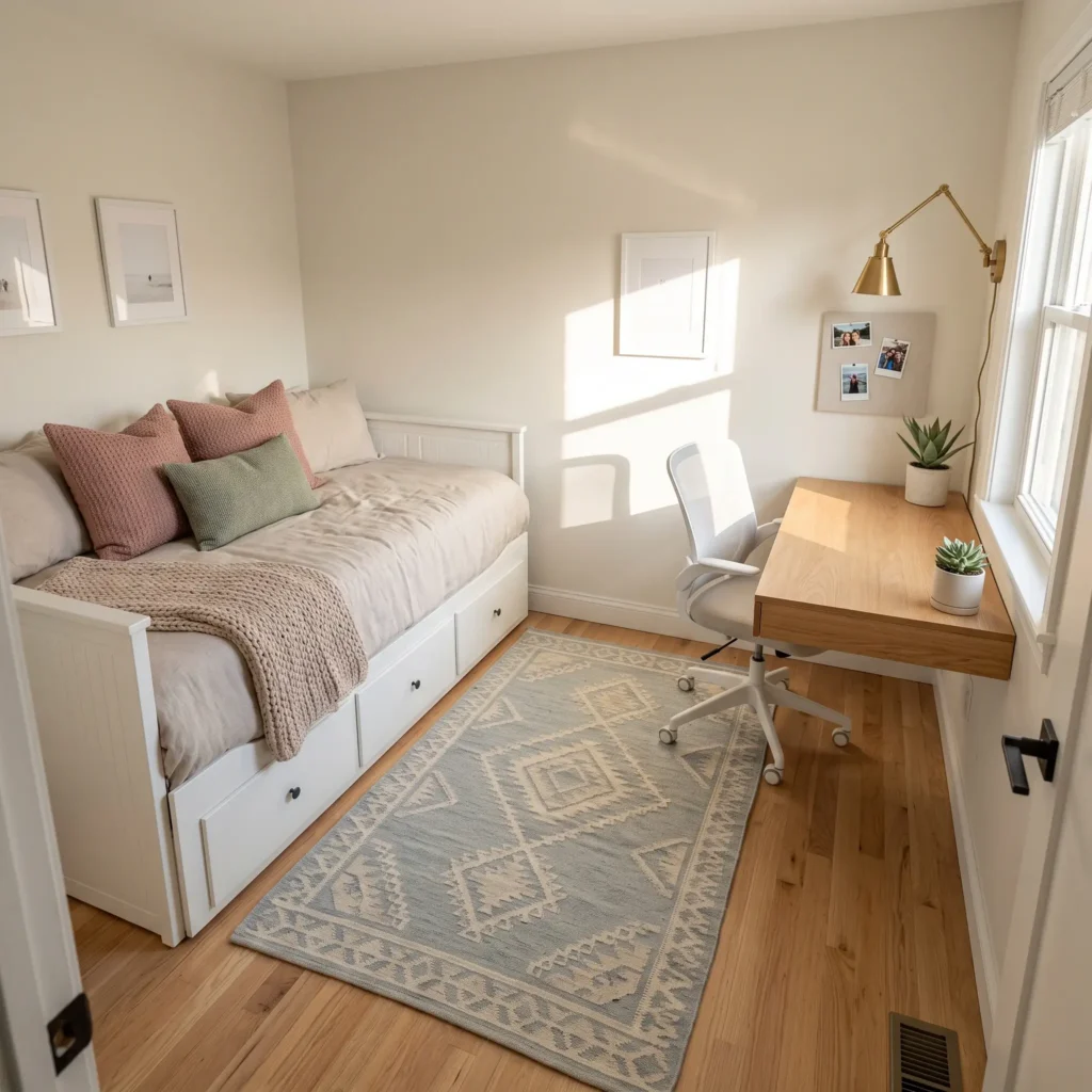 Overhead angle of a 10x10 small teen girl bedroom layout with corner daybed and wall-mounted desk.