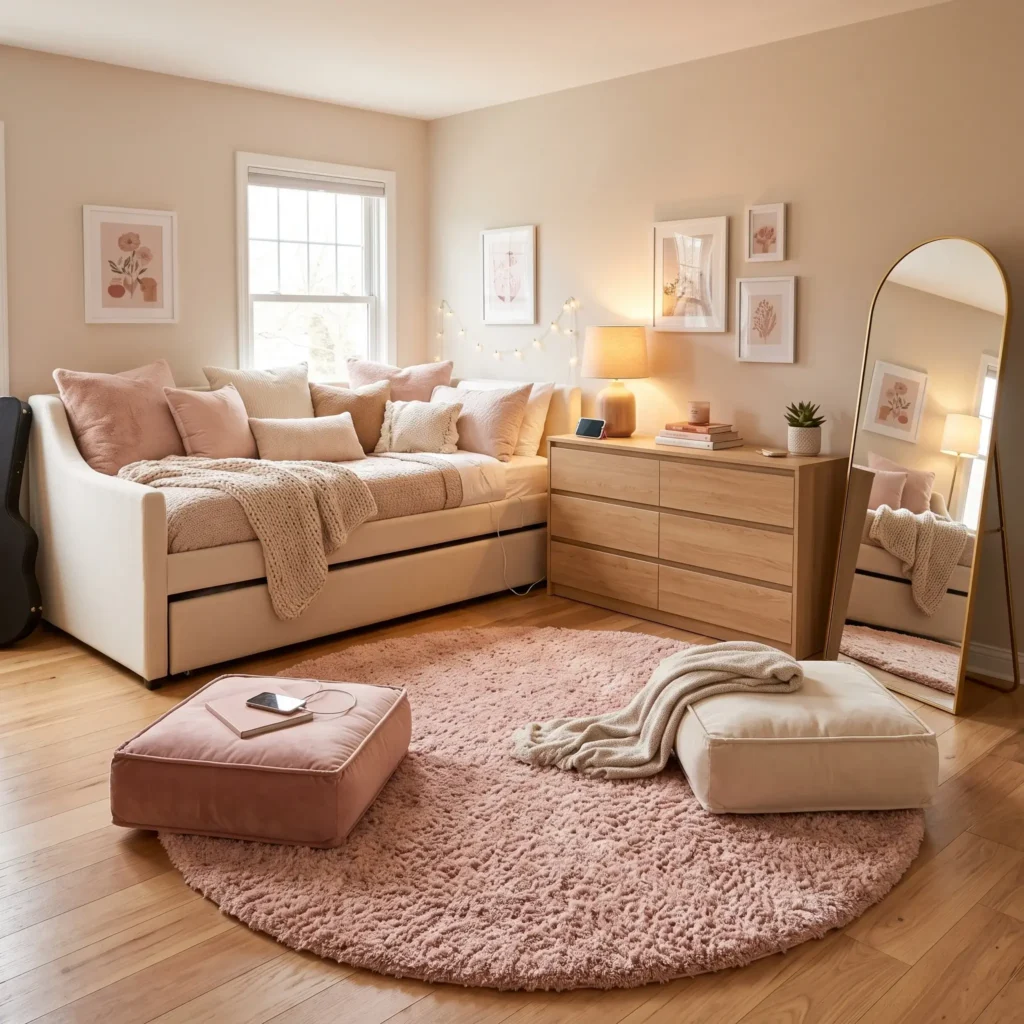Corner daybed layout with plush floor rug and seating area for teen girl bedroom.