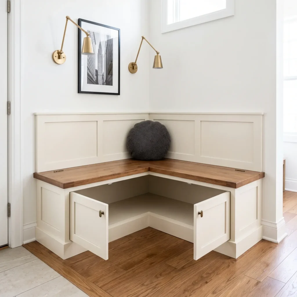 Custom built-in corner entryway bench with angled front profile and hinged storage seat in a transitional entryway.
