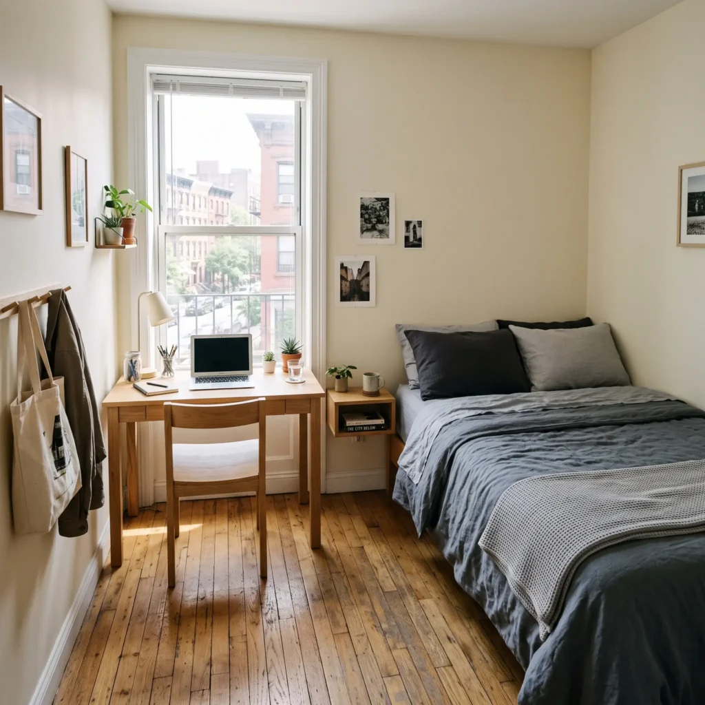Asymmetric corner bed layout in an 8x10 bedroom with a sleek writing desk along the open opposite wall.
