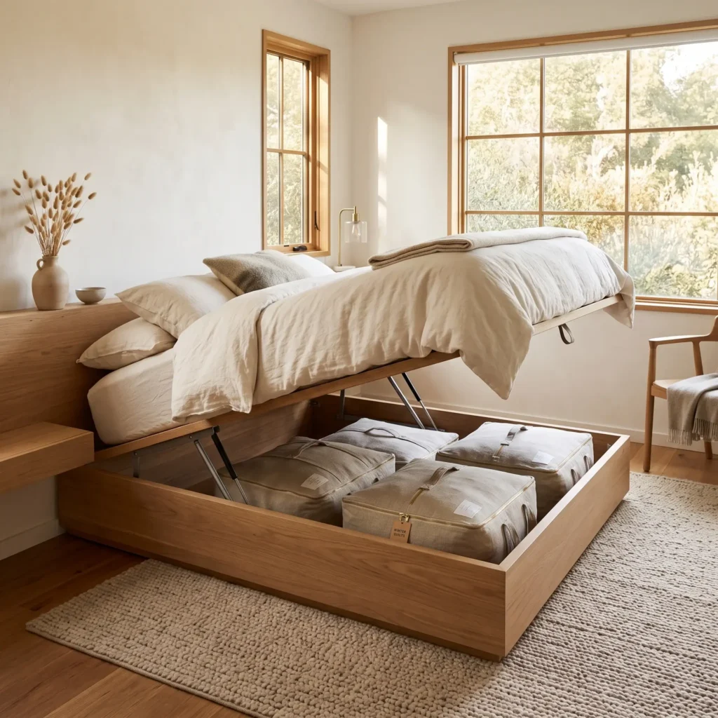 Cozy bedroom featuring a white oak hydraulic lift bed frame opened to reveal neatly organized bedding in linen storage bags.