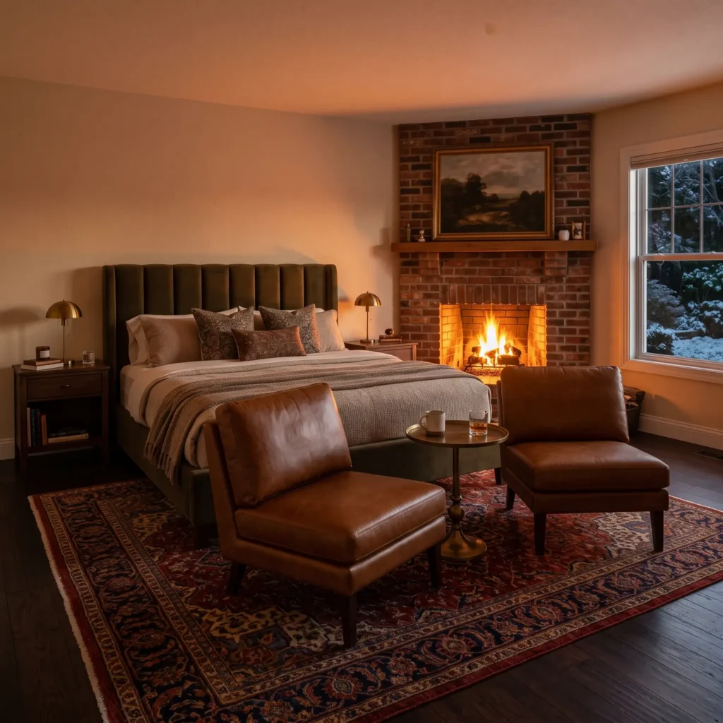 Spacious bedroom layout with a King bed facing a corner fireplace and a seating area with two accent chairs.