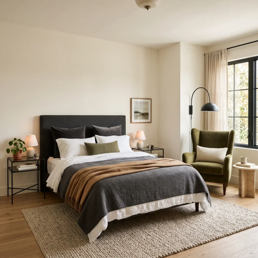 Bedroom layout featuring a centered bed and a dedicated reading nook with an upholstered armchair in the corner.