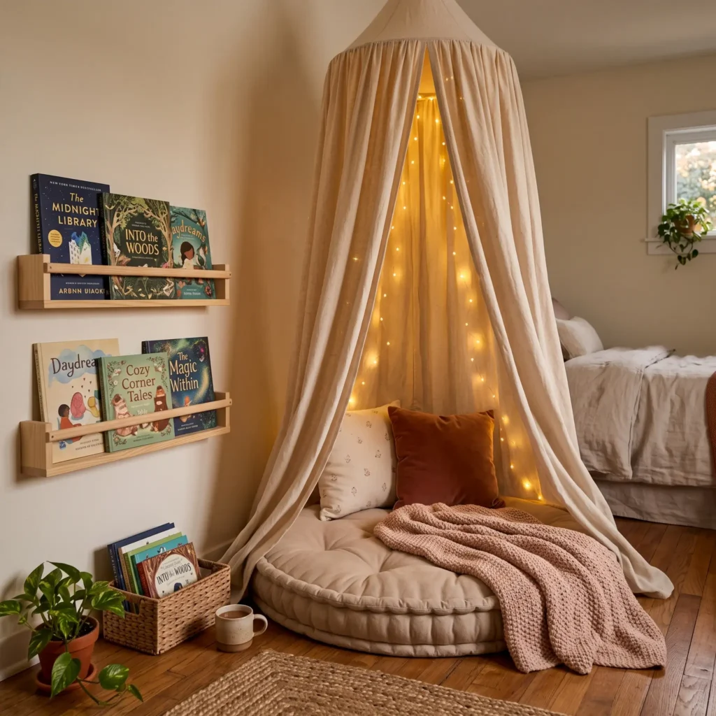 Cozy reading corner with an oatmeal canvas canopy, large floor pillow, and wall book ledges.