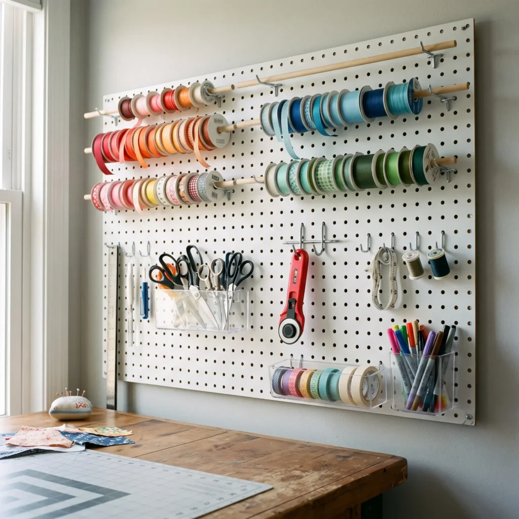 Pastel craft room pegboard holding colorful thread spools, ribbon dowels, fabric scissors, and acrylic bins.