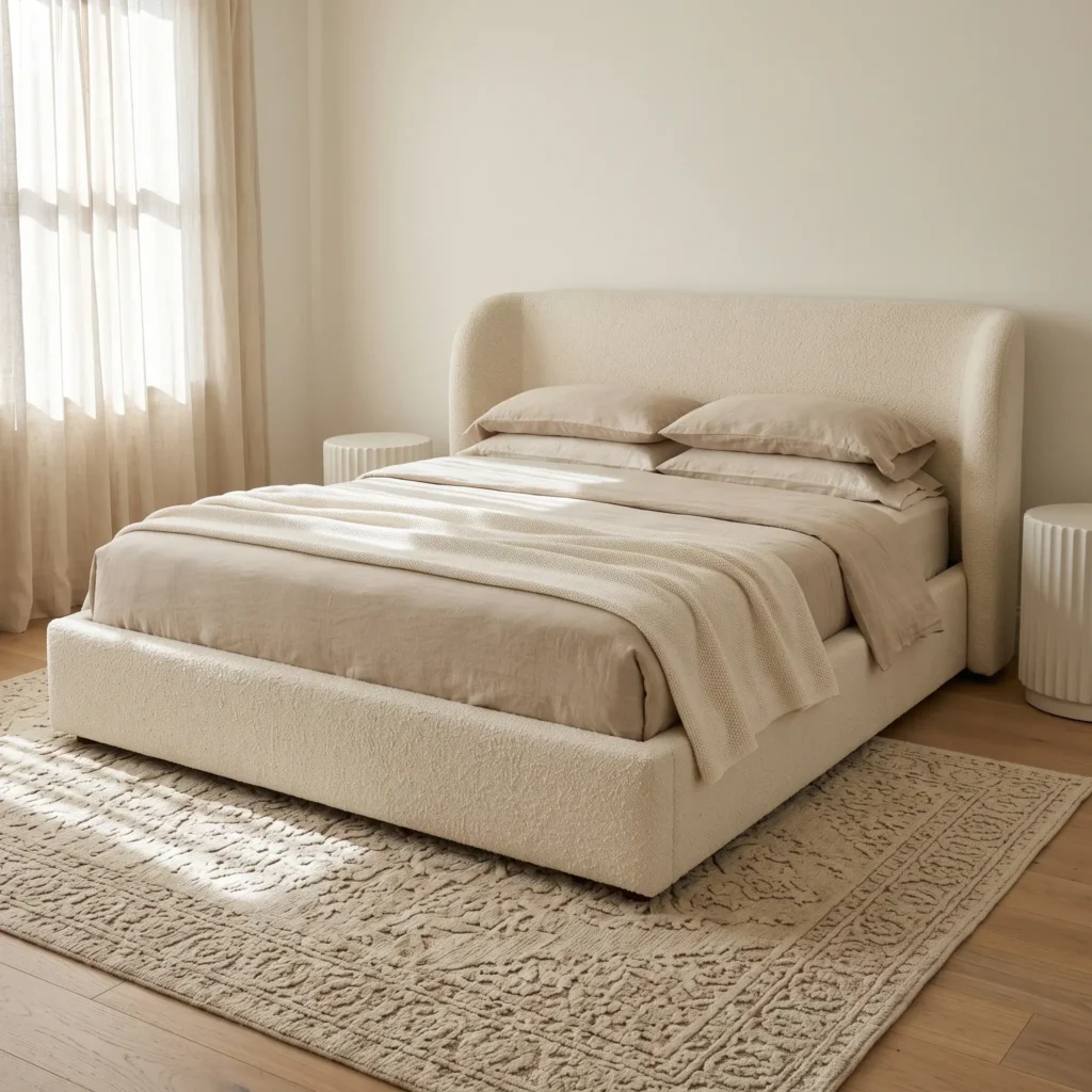 Sculptural curved upholstered bed frame in cream boucle fabric on a wool rug.