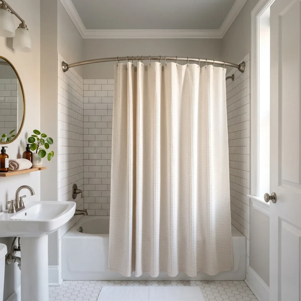 Curved rustproof tension shower rod hung high near the ceiling with an extra-long white waffle-weave shower curtain in a rental bathroom.