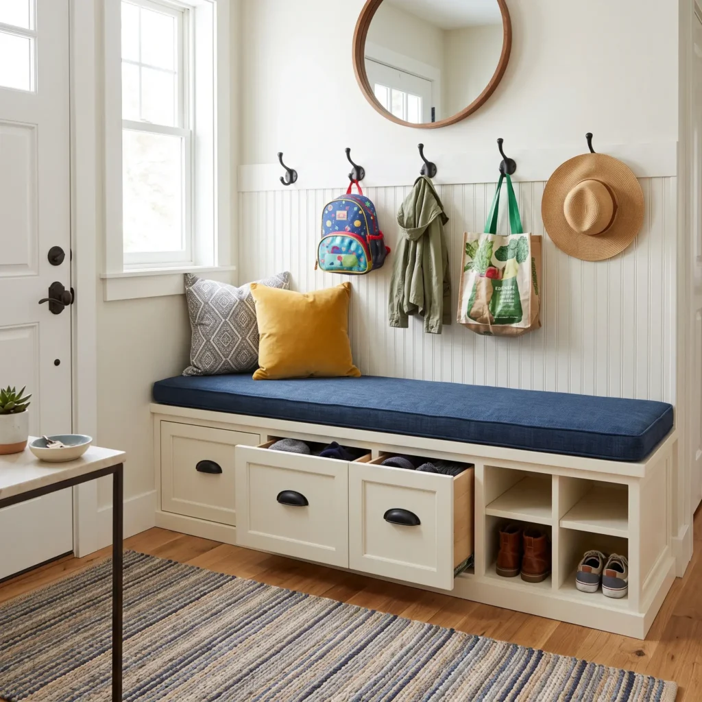 Custom built-in entryway banquette with soft-close drawers, upholstered seat pad, and baseboard toe-kick heat vent.