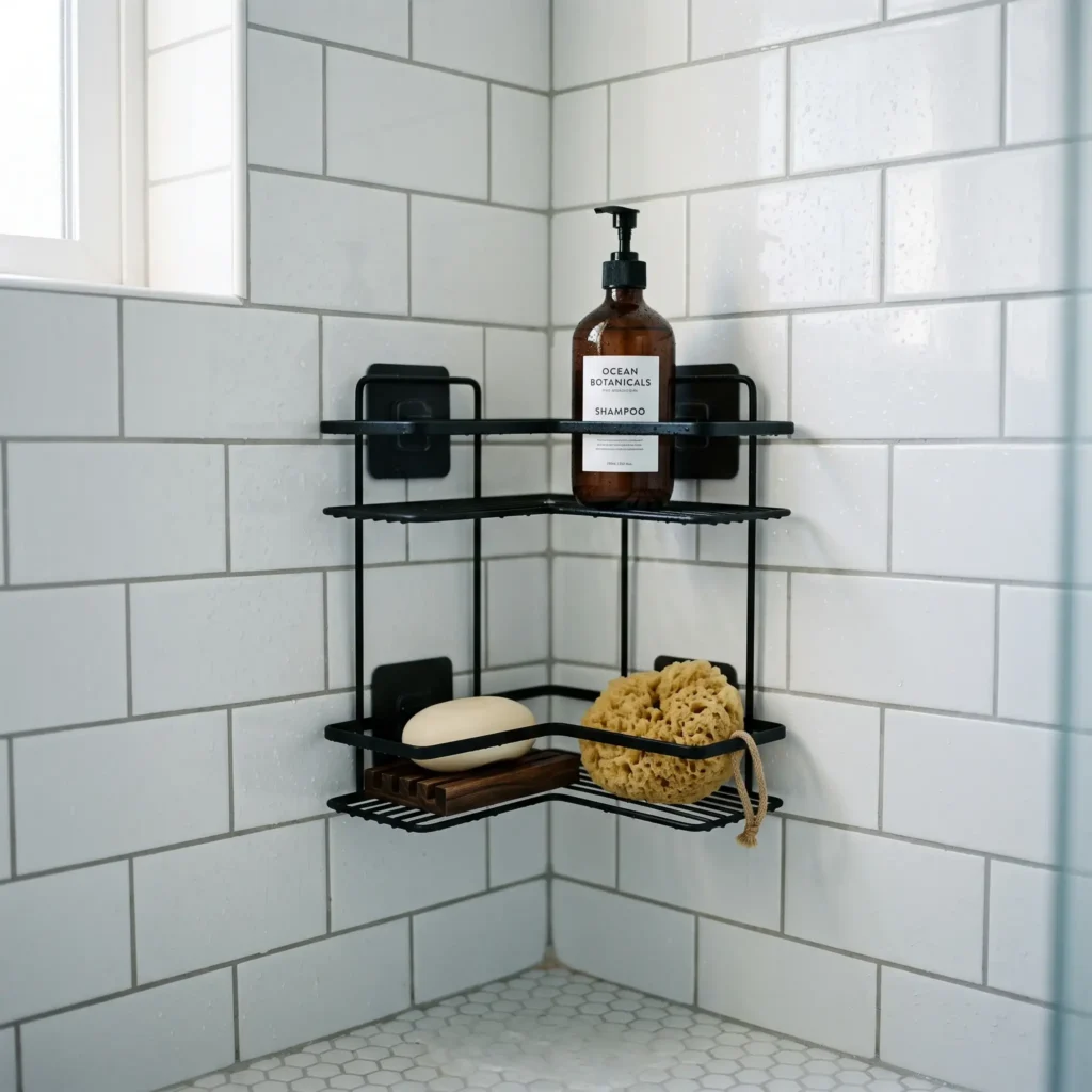 Stainless steel corner shower caddy mounted securely on white subway tile using clear water-resistant adhesive brackets.