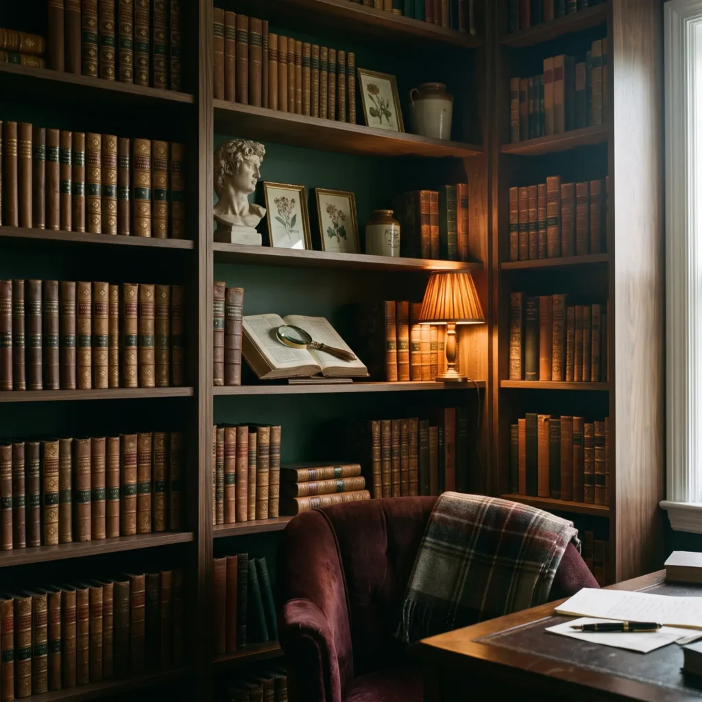 Dark academia walnut bookcase styled with antique leather books, a classical plaster bust, brass accents, and a cordless mini lamp.