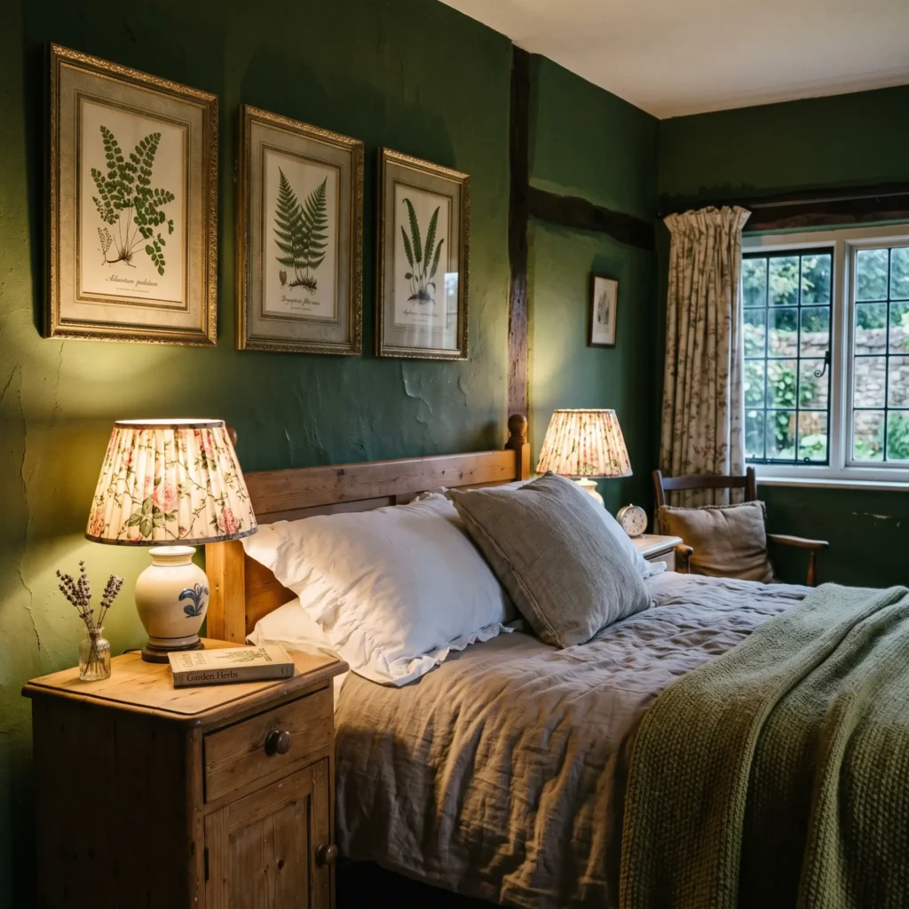 Dark cottagecore bedroom with moss green walls, antique honey pine dresser, and pleated floral lampshades.
