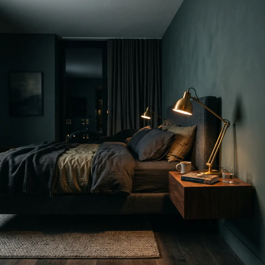Dark moody bedroom featuring Sherwin-Williams Retreat paint with warm brass lighting and walnut accents