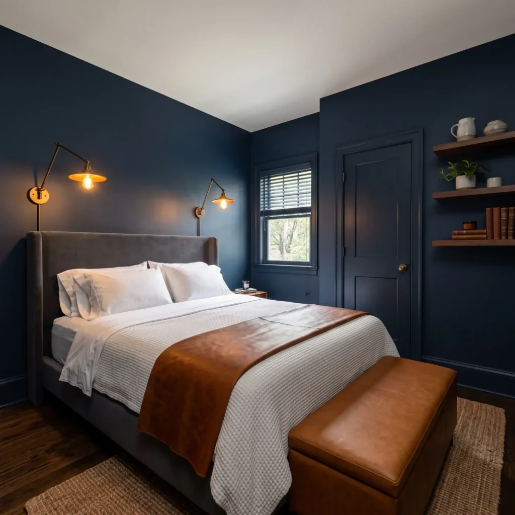 Color drenched small bedroom in Benjamin Moore Hale Navy with cognac leather accents and white linens.