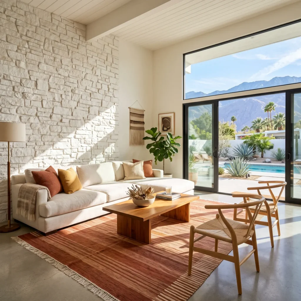Desert ranch living room with mid-century furniture, white stone accents, and burnt orange decor