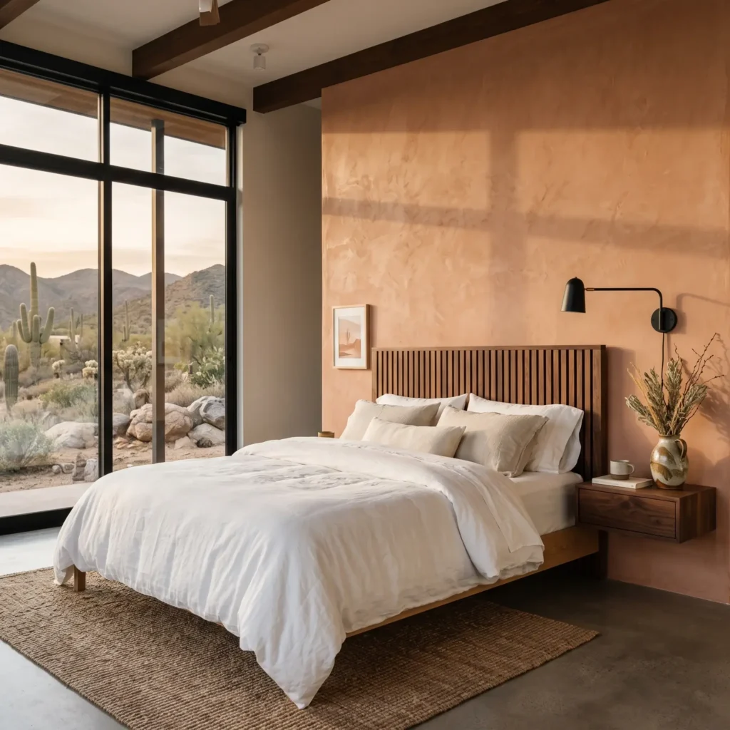 Desert modern bedroom with smooth troweled clay plaster walls and a solid black walnut headboard.