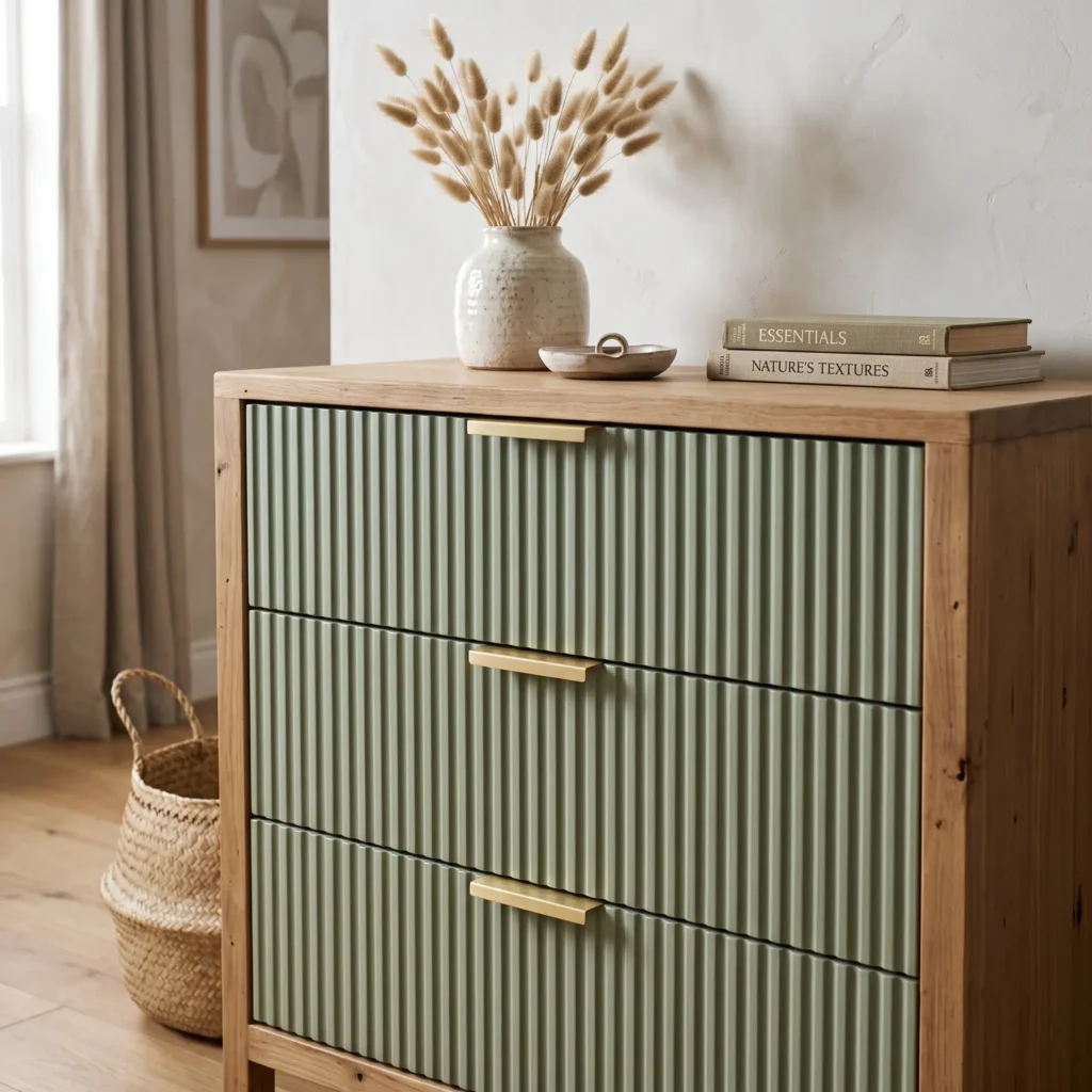 Upcycled dresser featuring textured fluted wood drawer faces and modern brass hardware.