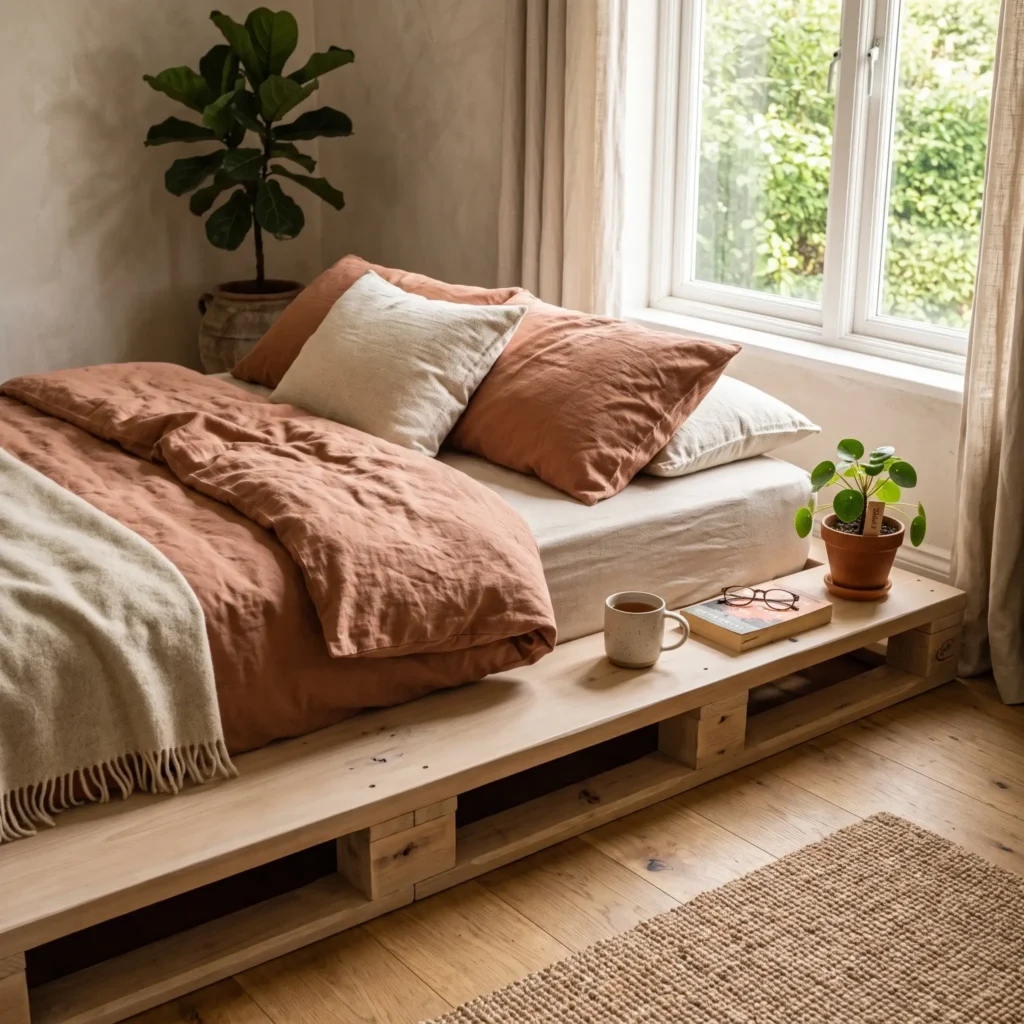 Sanded and limewashed heat-treated pallet bed frame with rustic bedding and house plants.