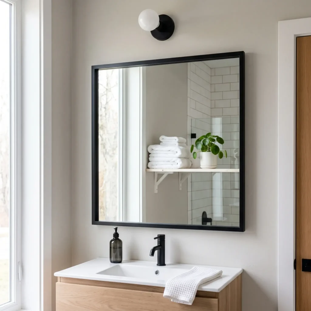 Large builder-grade rental bathroom mirror finished with a custom matte black DIY frame mounted directly to the glass perimeter.