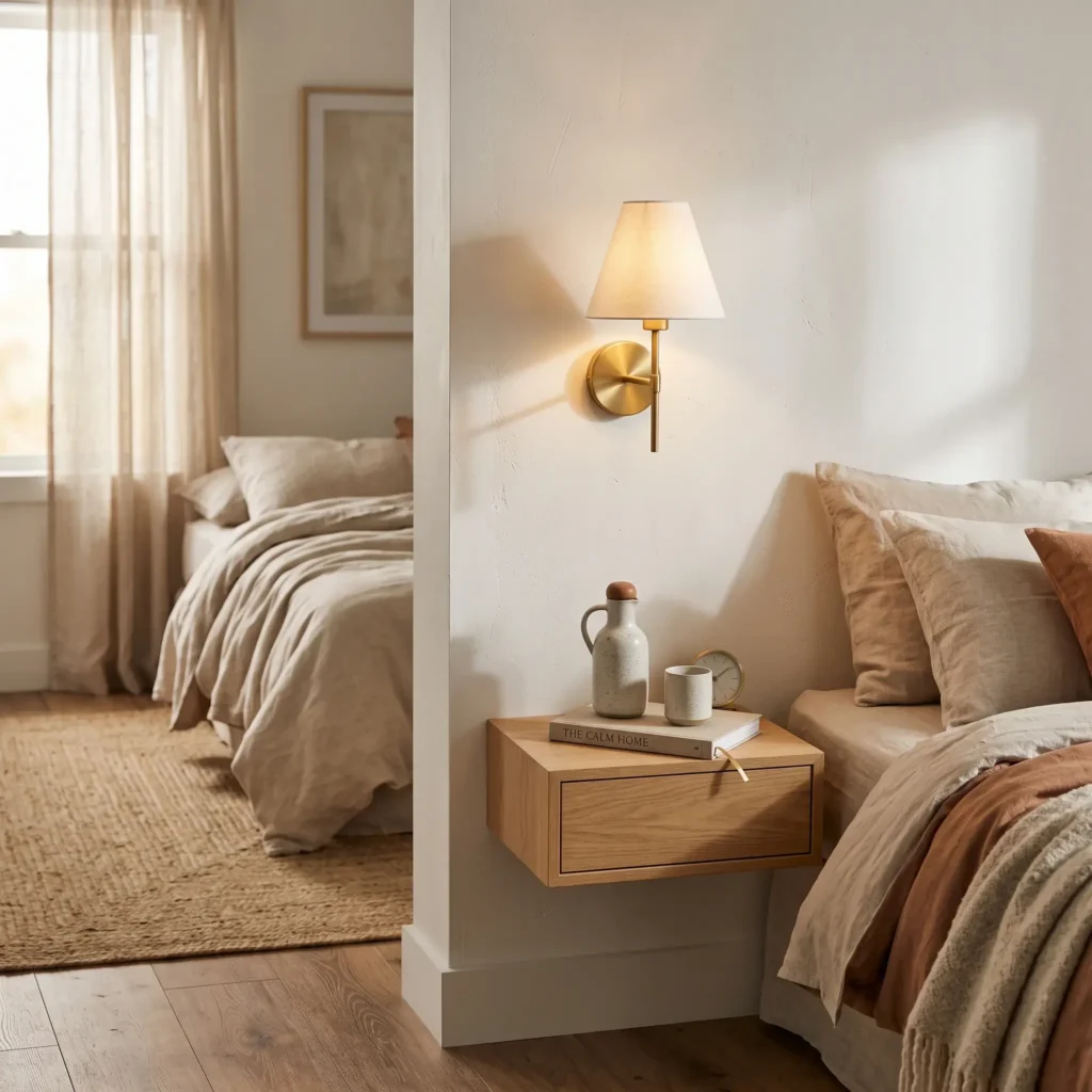 Matte brass wall sconce mounted beside a wooden bed headboard without visible electrical cords
