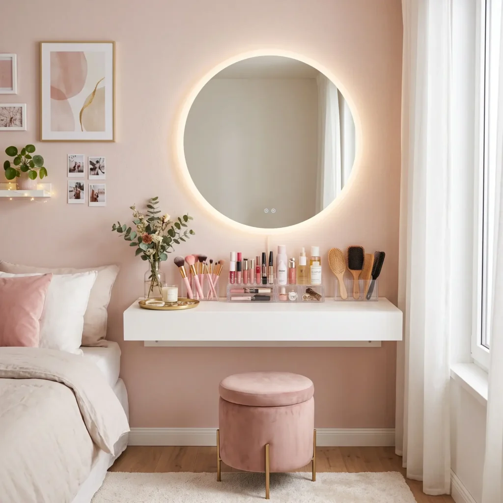 Compact bedroom vanity station with a round illuminated LED mirror and organized makeup drawers.