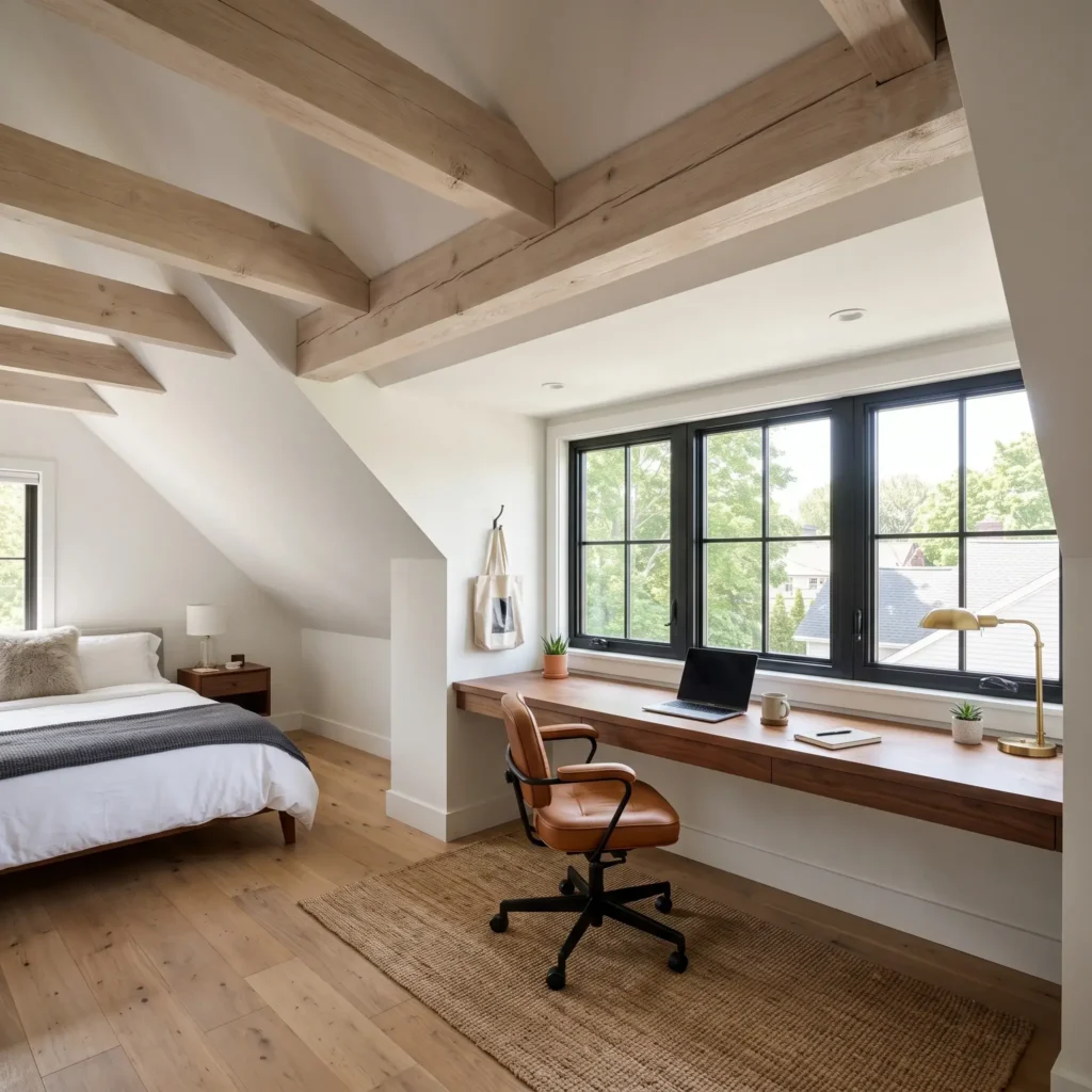 Attic bedroom layout featuring a built-in floating walnut desk in a flat-ceiling dormer window nook.