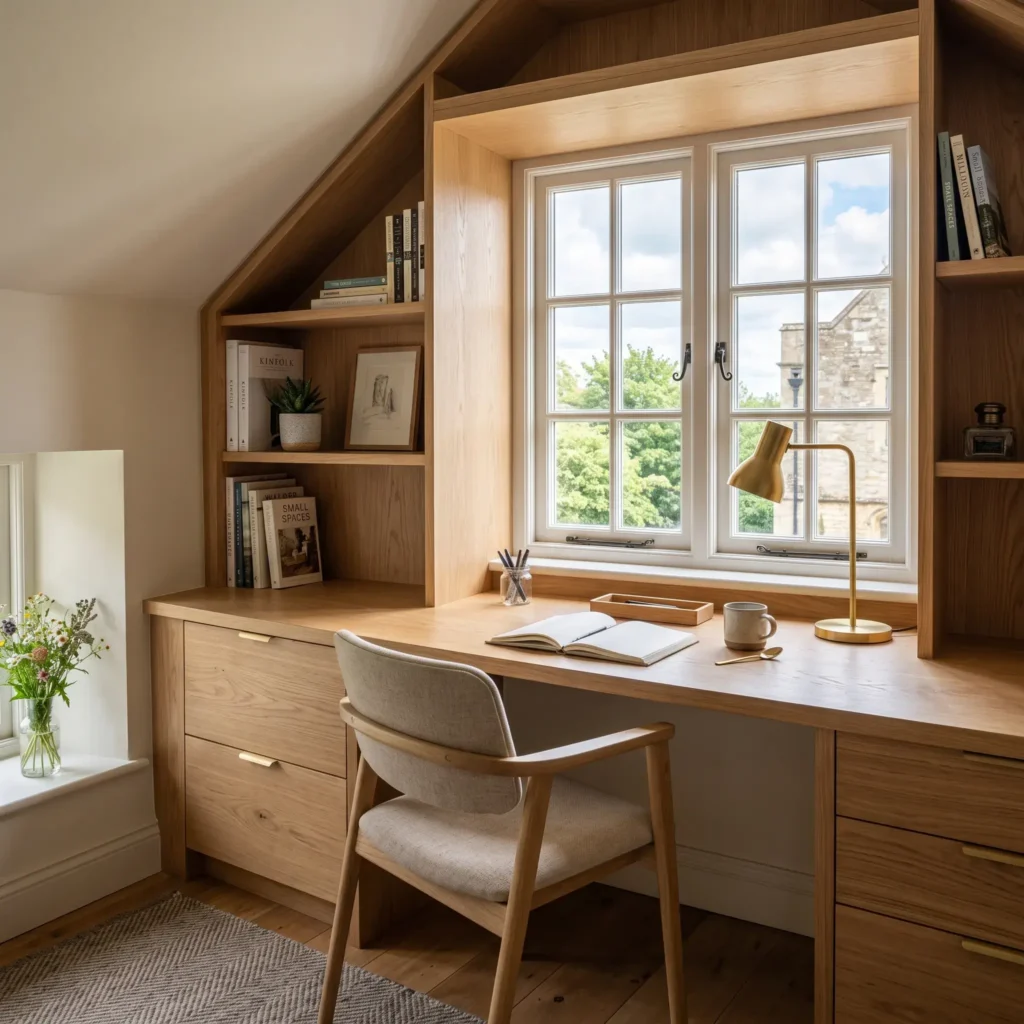 Deep dormer window alcove turned into a functional home office desk with custom oak cabinetry.