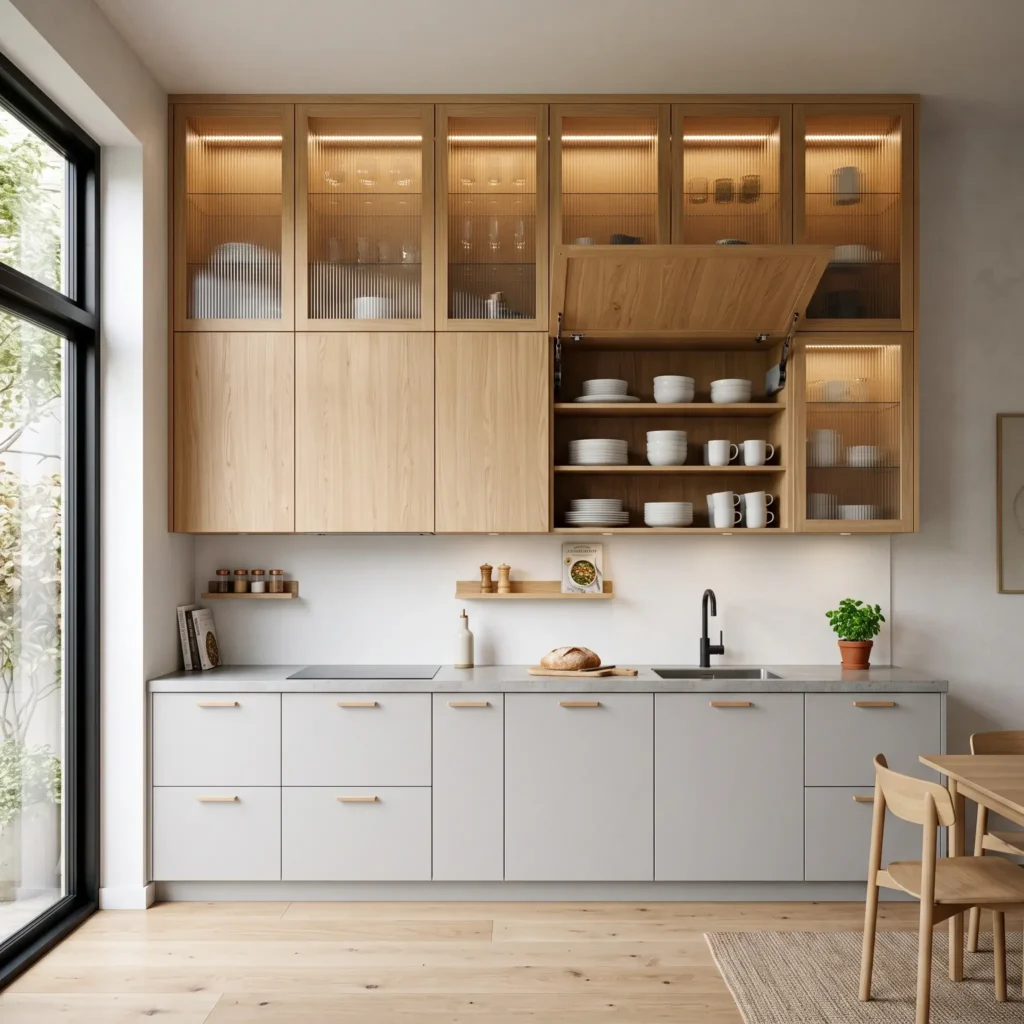 Floor-to-ceiling white oak one-wall kitchen cabinets with an open upward-folding bi-fold door showing upper dish storage.