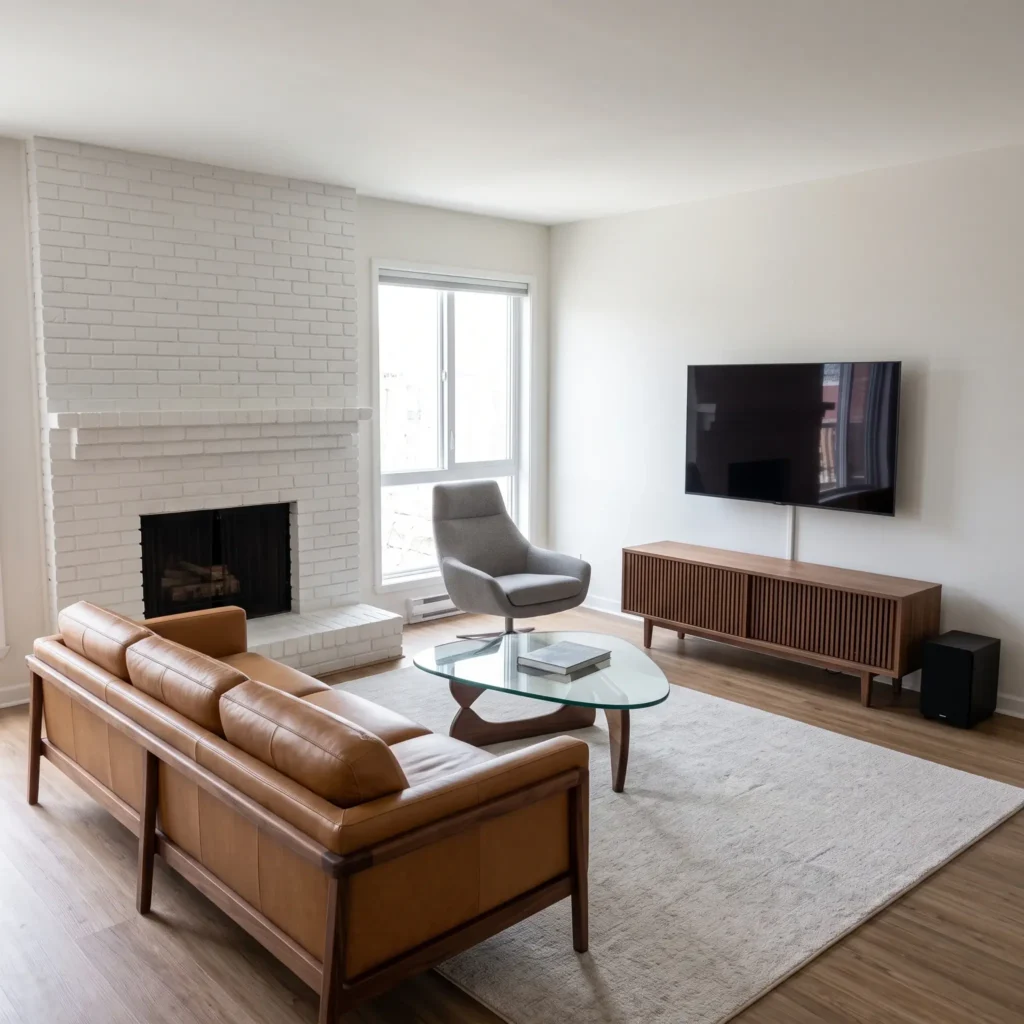 Small living room layout solving the dual focal point dilemma with a couch facing a fireplace and a swivel chair angled toward the TV.