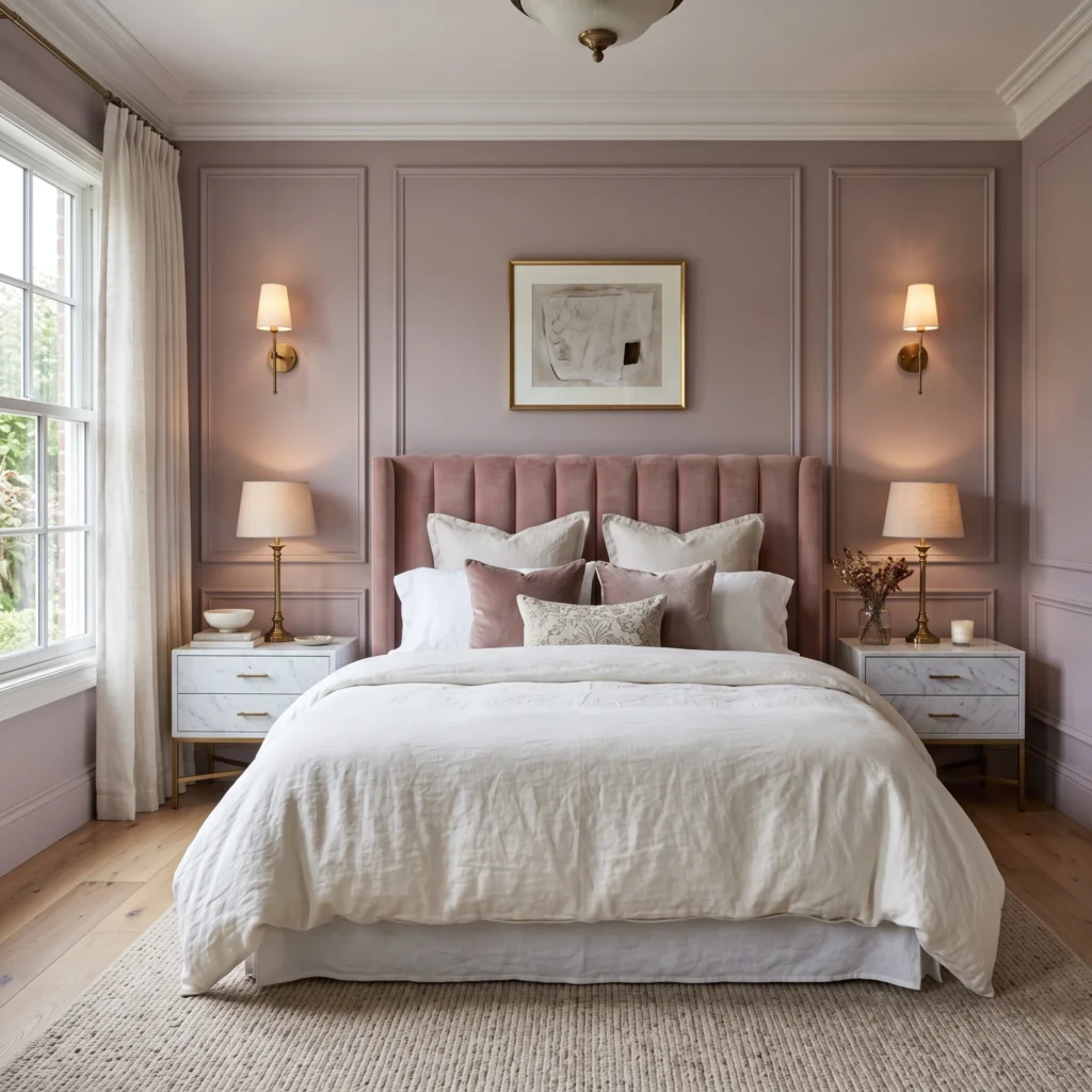 Classic bedroom featuring dusty mauve picture-frame wall moulding, antique brass sconces, and a velvet headboard.