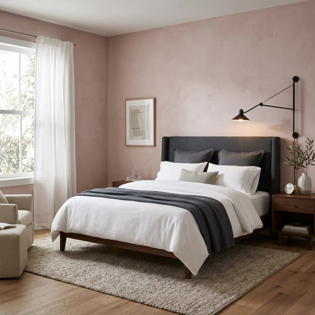 Adult master bedroom with muted dusty pink walls, dark charcoal upholstered headboard, and matte black sconces.