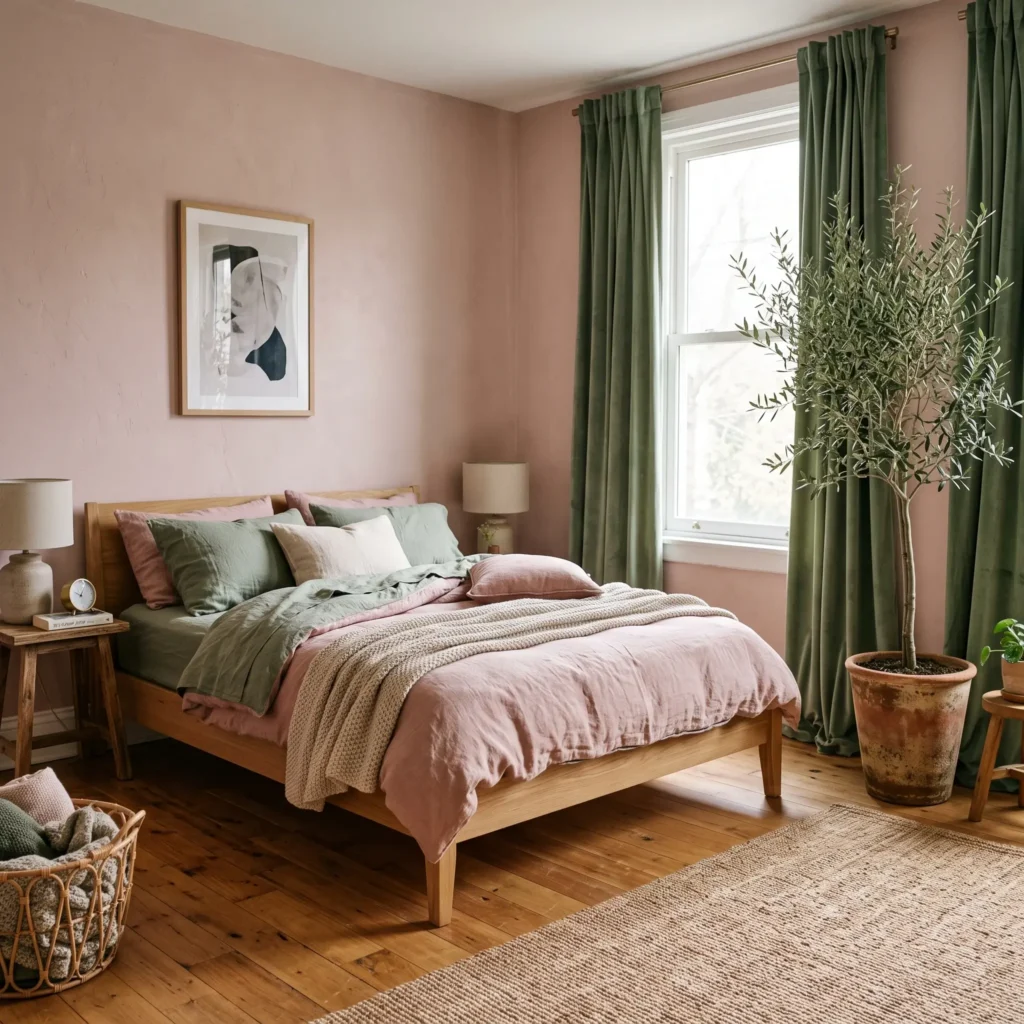 Bright bedroom with dusty rose walls, olive tree in terracotta pot, and sage green velvet curtains.